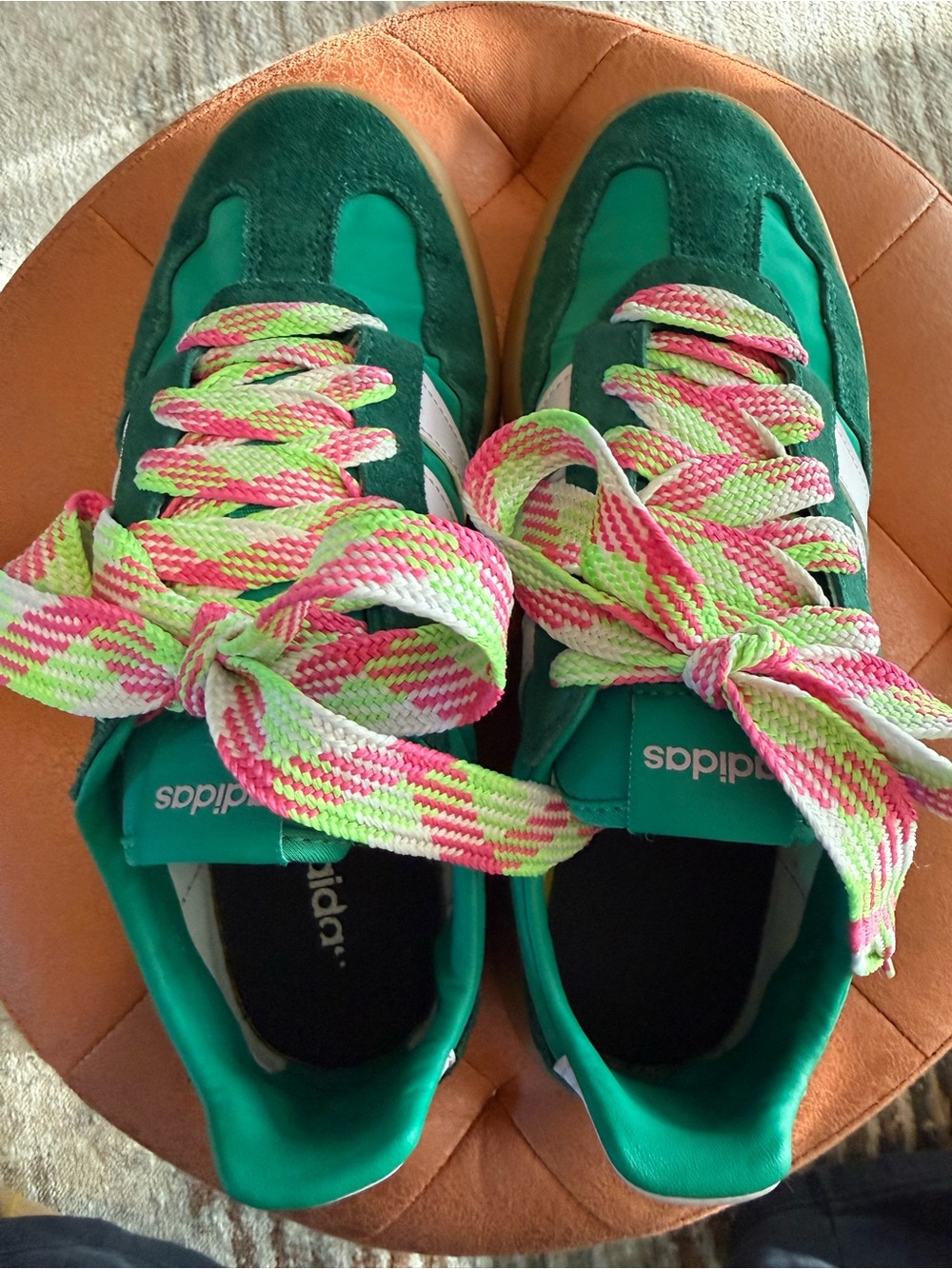 adidas Green Suede & Mesh Athletic Sneakers with Pink/Green Laces - Picture 2 of 8